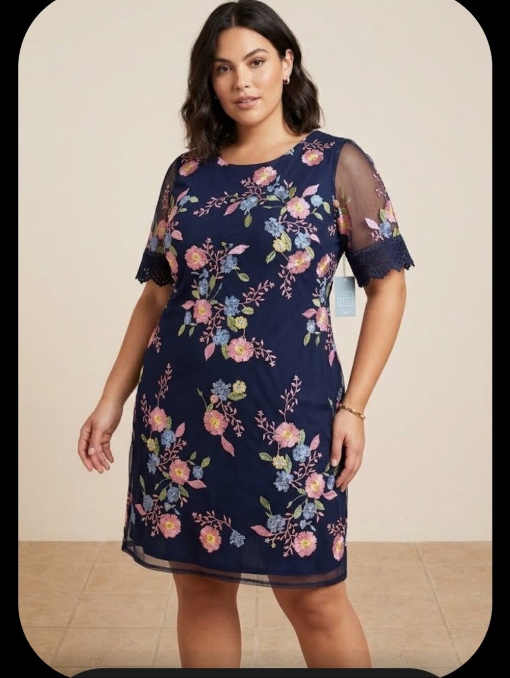 New Navy 2 Layer Embroidered Floral Dress Sz 16 Knee Length Rabbit Rabbit Rabbit